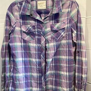 Ladies Arizona Jean company Purple Plaid Button-Up Shirt size medium
